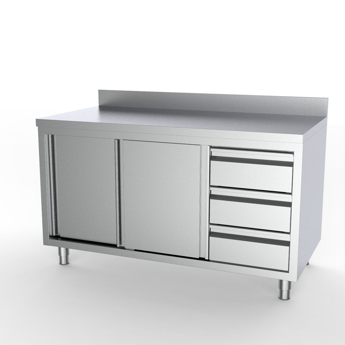 Combisteel Full 430 Stainless Steel Worktable Sliding Doors, 3 Drawers & Upstand 1400mm Wide 1 Combisteel Full 430 Stainless Steel Worktable Sliding Doors, 3 Drawers & Upstand 1400mm Wide