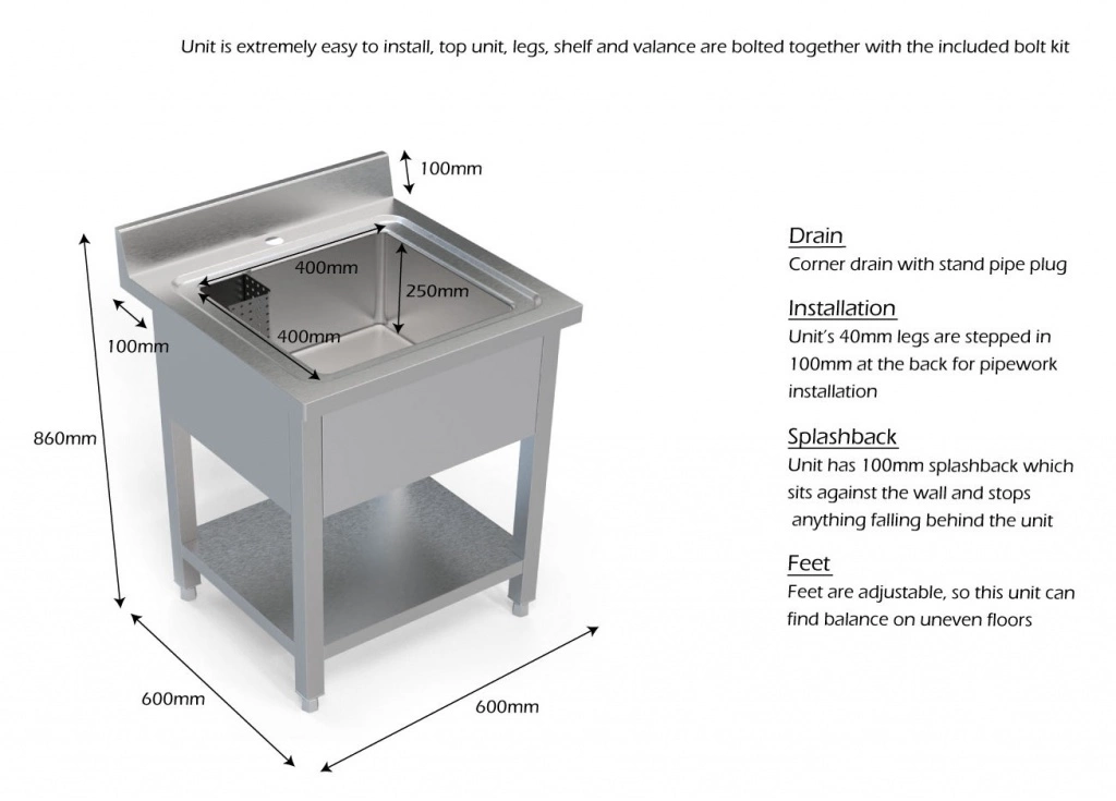 Empire 600mm Commercial Stainless Steel Single Bowl Sink - 600SINK 5 Empire 600mm Commercial Stainless Steel Single Bowl Sink - 600SINK - Image 5